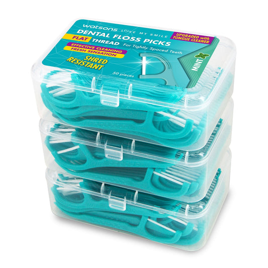 Flat Thread Dental Floss Picks With Tongue Cleaner Mint 3X50pcs