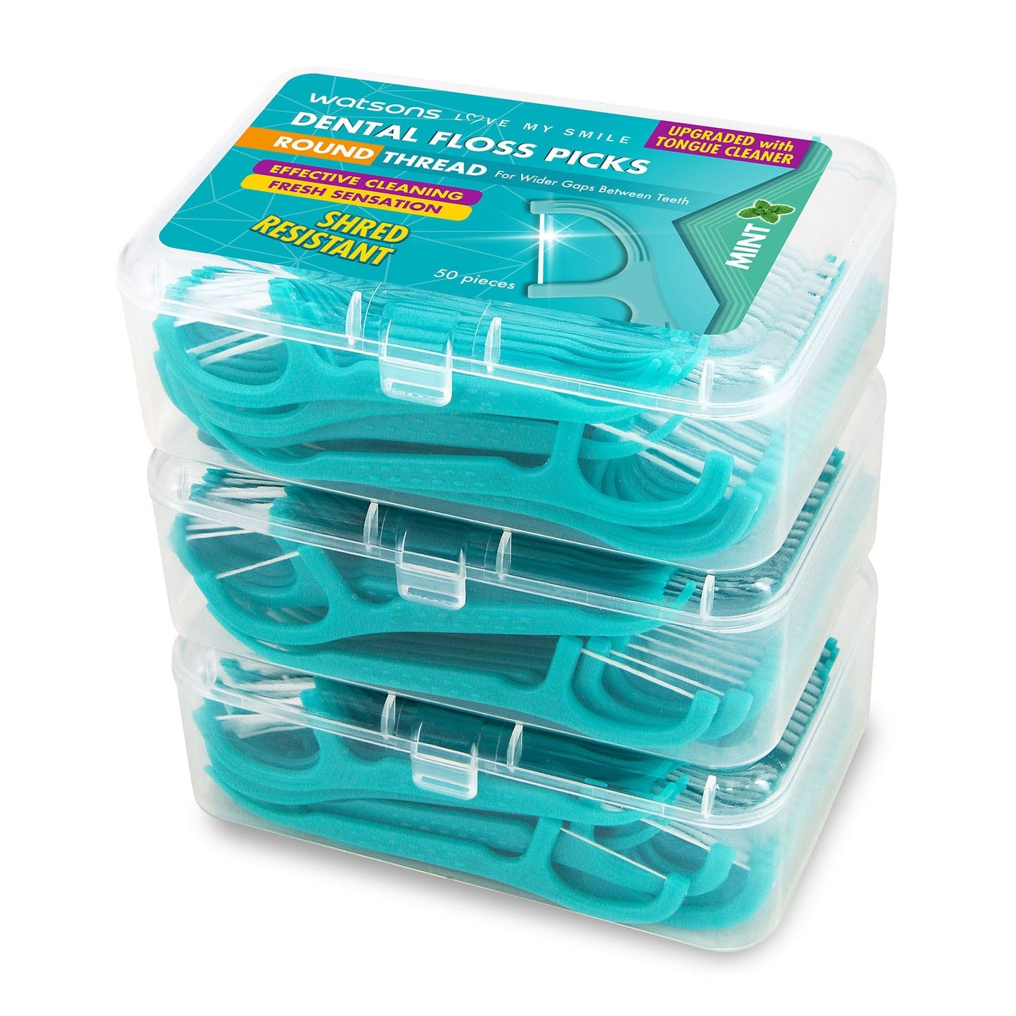 Round Thread Dental Floss Picks With Tongue Cleaner Mint 3X50pcs