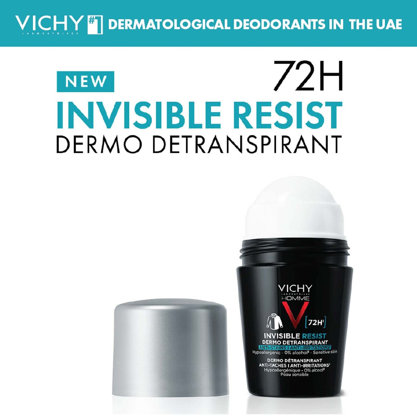Vichy Homme Déodorant Invisible Resist Dermo-détranspirant 72h Roll-on 50 Ml