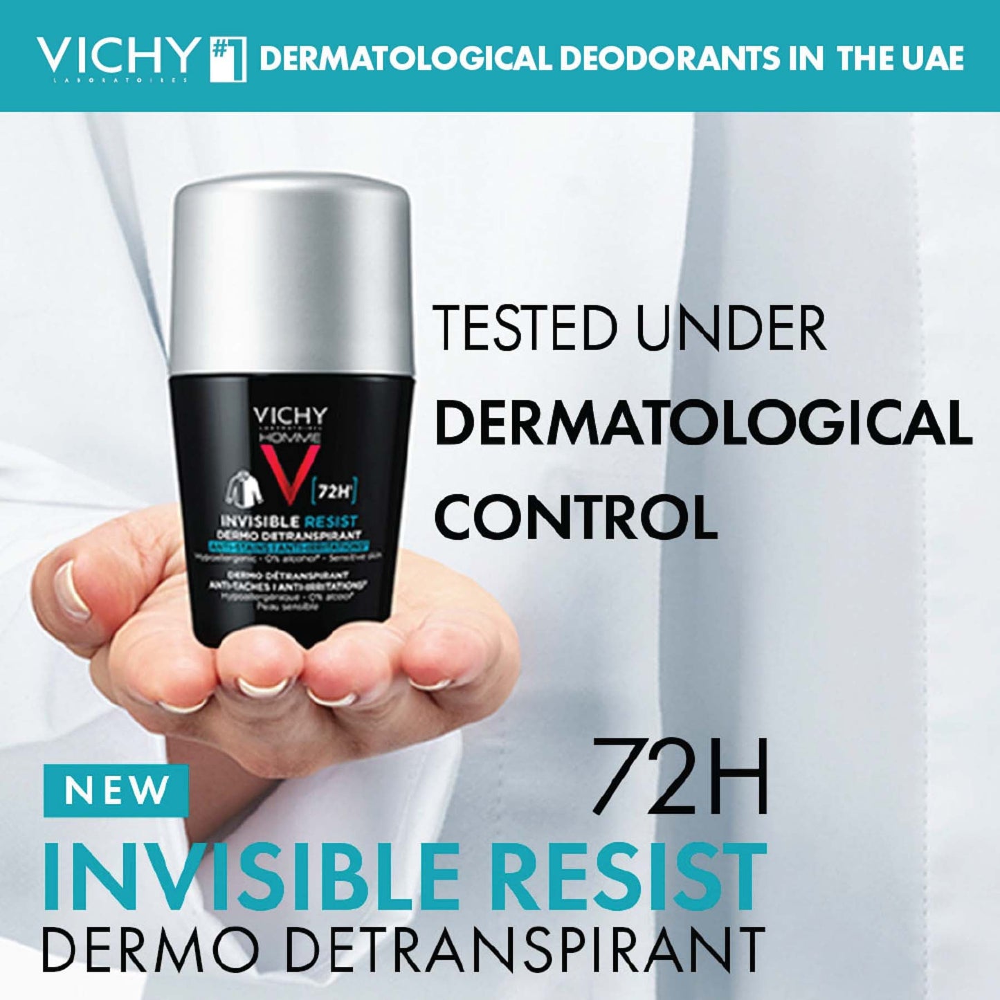 Vichy Homme Déodorant Invisible Resist Dermo-détranspirant 72h Roll-on 50 Ml