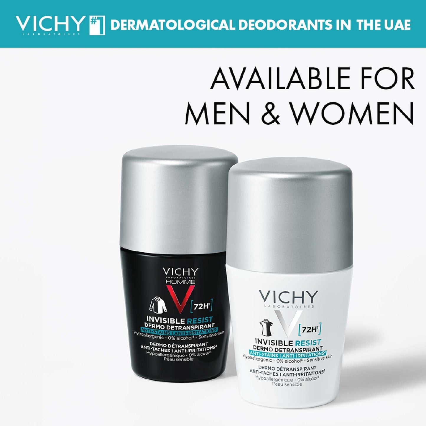 Vichy Homme Déodorant Invisible Resist Dermo-détranspirant 72h Roll-on 50 Ml