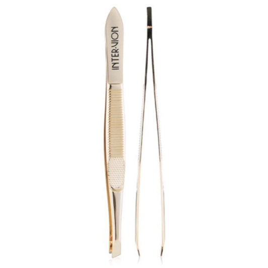 INTERVION Gold Angled Cosmetic Tweezers for Eyebrows and Eyelashes