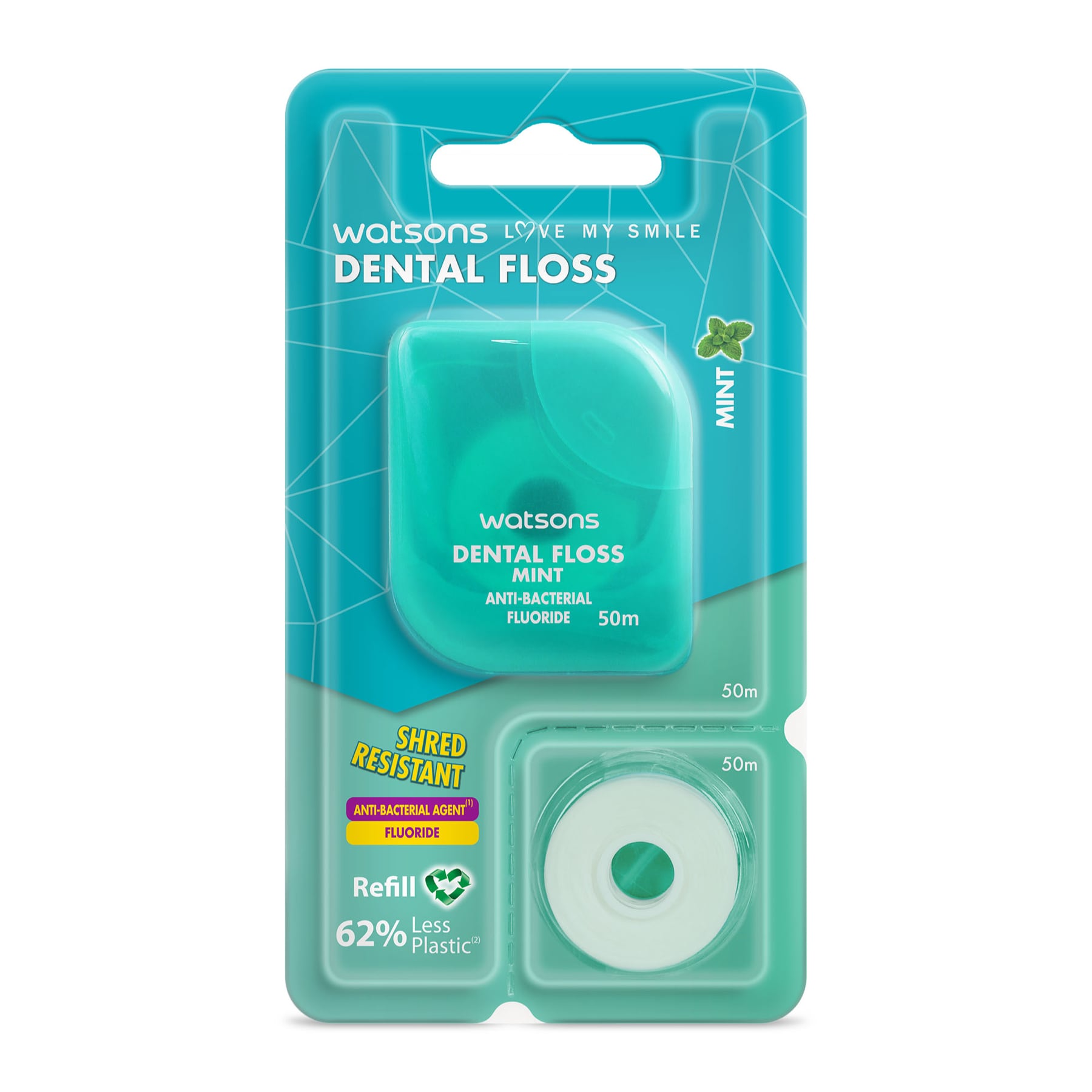Watsons Dental Floss Mint with Fluoride & Antibacterial Agent 50m + Refill 50m 50m+50m