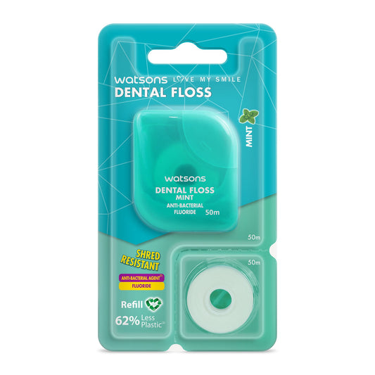 Watsons Dental Floss Mint with Fluoride & Antibacterial Agent 50m + Refill 50m 50m+50m