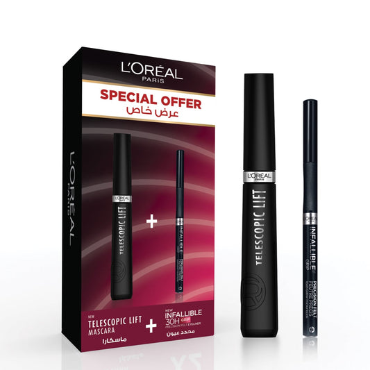 L'Oreal Paris Telescopic Lift Washable Mascara + Infaillble Grip Precision Felt 0.4mm 24H Longwear Liquid Eyeliner Black Black